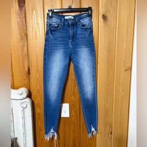KanCan Medium Blue High-Rise Skinny Jeans with Frayed Hem